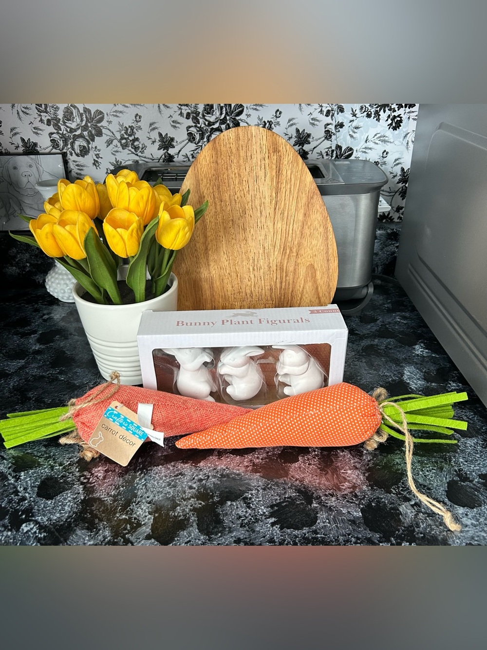 Bunny Plant Figures Set, Wooden Egg Cutting Board, Plush Carrots & Flowers